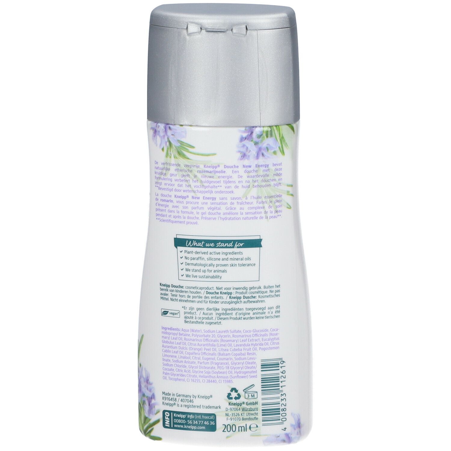 Rückseite der Flasche. Text in mehreren Sprachen. Enthält Informationen zu Inhaltsstoffen und Nachhaltigkeit. 200 ml.