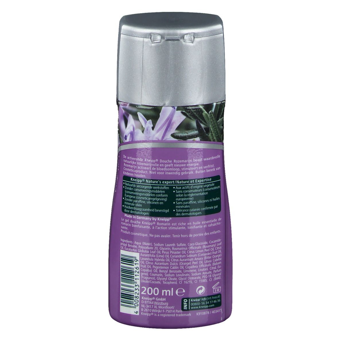 Rückseite der Flasche. Text in mehreren Sprachen. Enthält Informationen zu Inhaltsstoffen und Nachhaltigkeit. 200 ml.