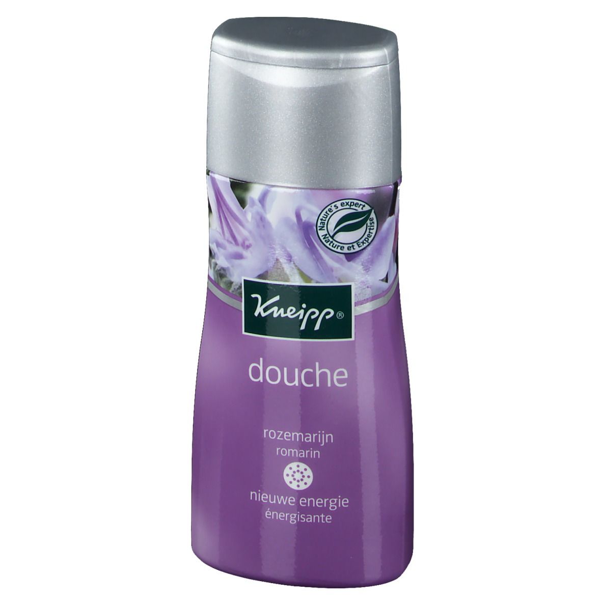 Violette Flasche mit Kneipp-Logo und Text. Deckel silbern. "Douche", "Rozemarijn" und "Nieuwe Energie" sichtbar.