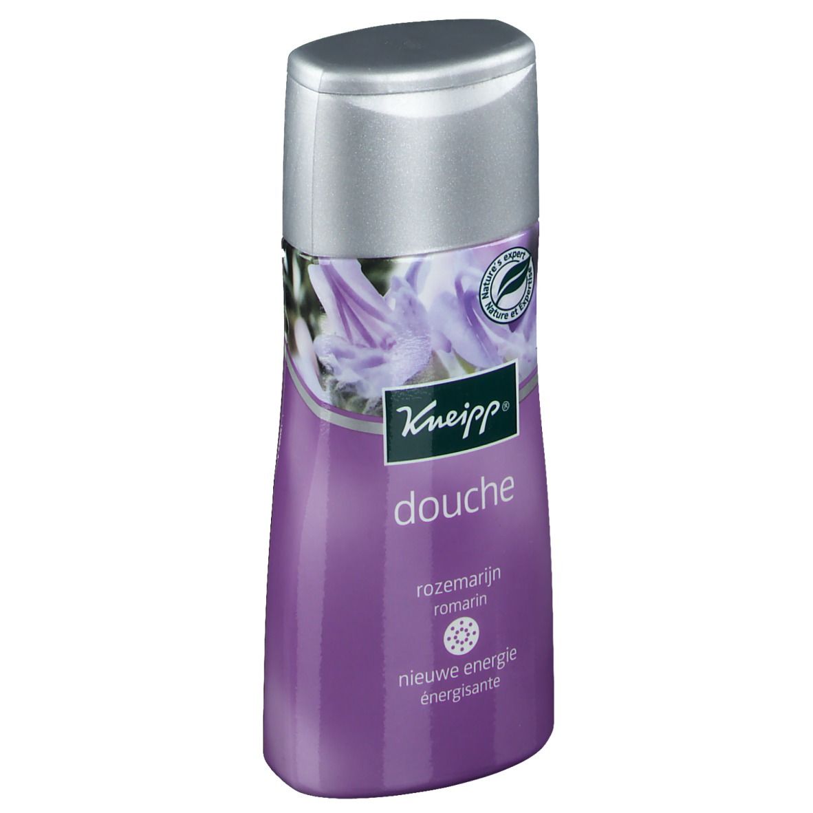 Violette Flasche mit Kneipp-Logo und Text. Deckel silbern. "Douche", "Rozemarijn" und "Nieuwe Energie" sichtbar.