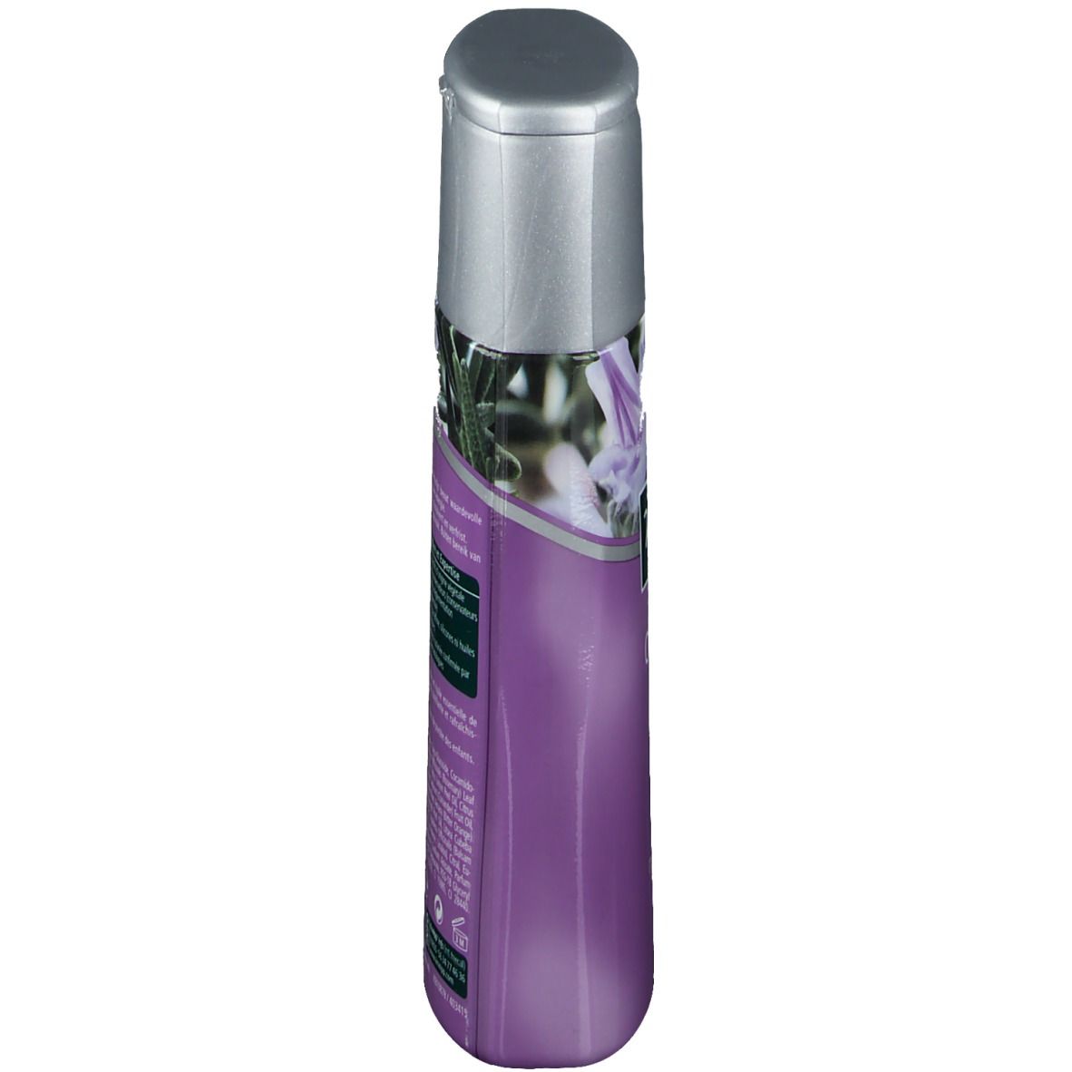 Flasche, violett, mit silbernem Deckel. Text und Logo teilweise sichtbar. Rosmarin-Illustrationen.