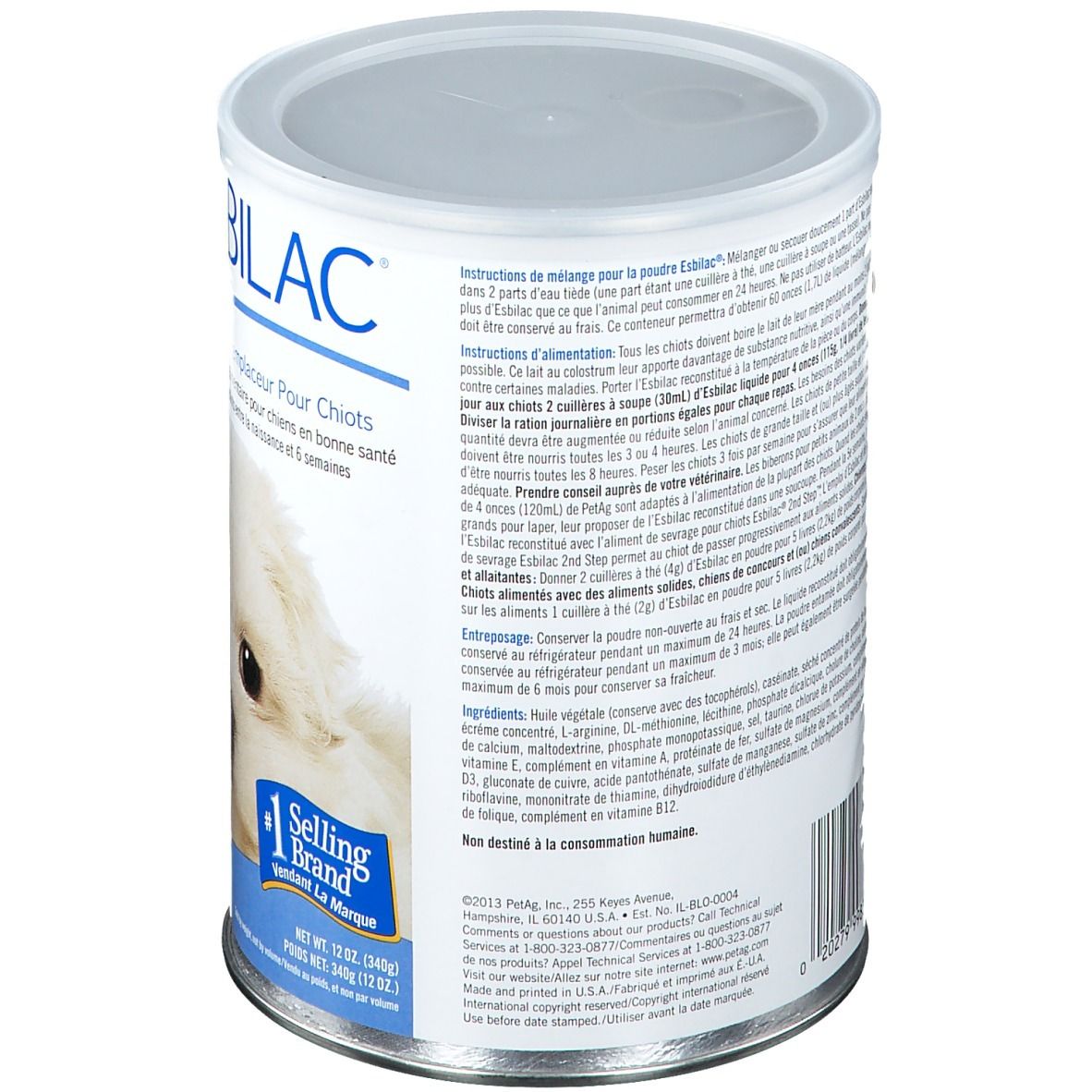 ESBILAC® blik, achterkant met tekst. Bevat instructies, ingrediënten en voedingswaarde-informatie. #1 Selling Brand.