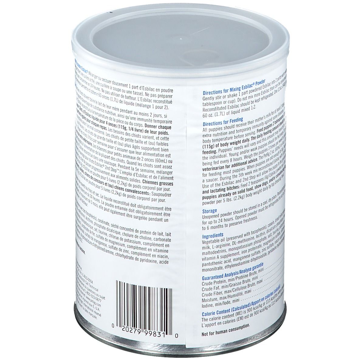 ESBILAC® blik, achterkant met tekst. Bevat instructies, ingrediënten en voedingswaarde-informatie. Streepjescode.