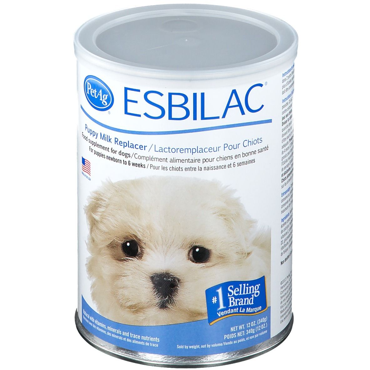 ESBILAC® Melkvervanger voor puppy's. Blik met afbeelding van puppy. Tekst: Puppy Milk Replacer. #1 Selling Brand.