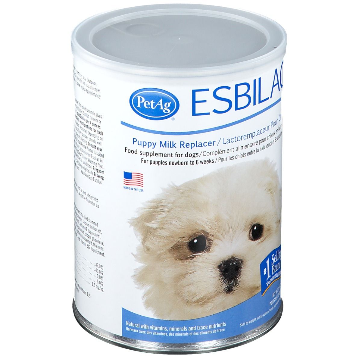 ESBILAC® Melkvervanger voor puppy's. Blik met afbeelding van puppy. Tekst: Puppy Milk Replacer. #1 Selling Brand.