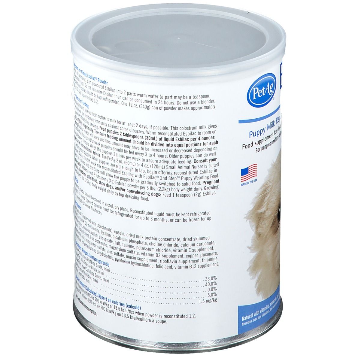 ESBILAC® blik, achterkant met tekst. Bevat instructies, ingrediënten en voedingswaarde-informatie. Tekst: Puppy Milk Replacer.