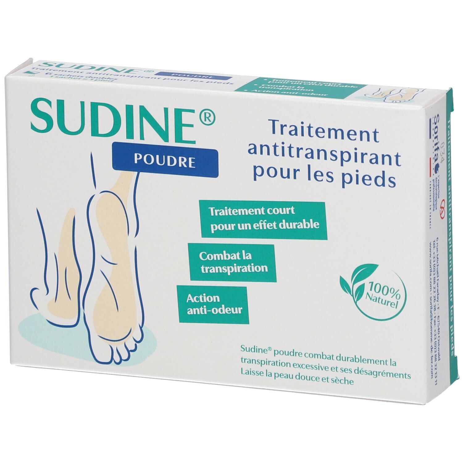 Verpakking van SUDINE® Poudre. Wit, blauwe tekst. Illustratie van een voet. Tekst: Antitranspirant voor de voeten.