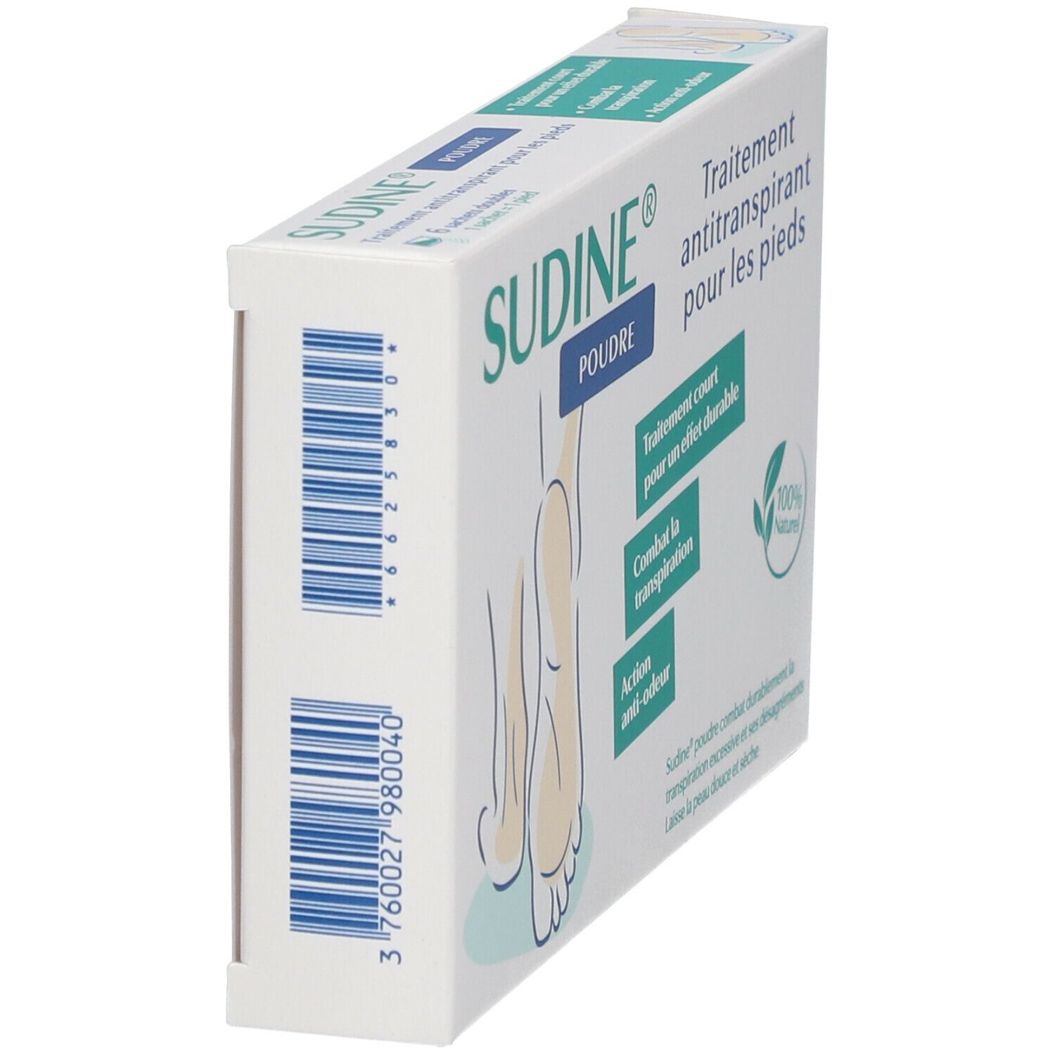 SUDINE® Poudre-verpakking, schuin. Wit, blauwe tekst. Illustratie van een voet. Tekst: Antitranspirant voor de voeten.