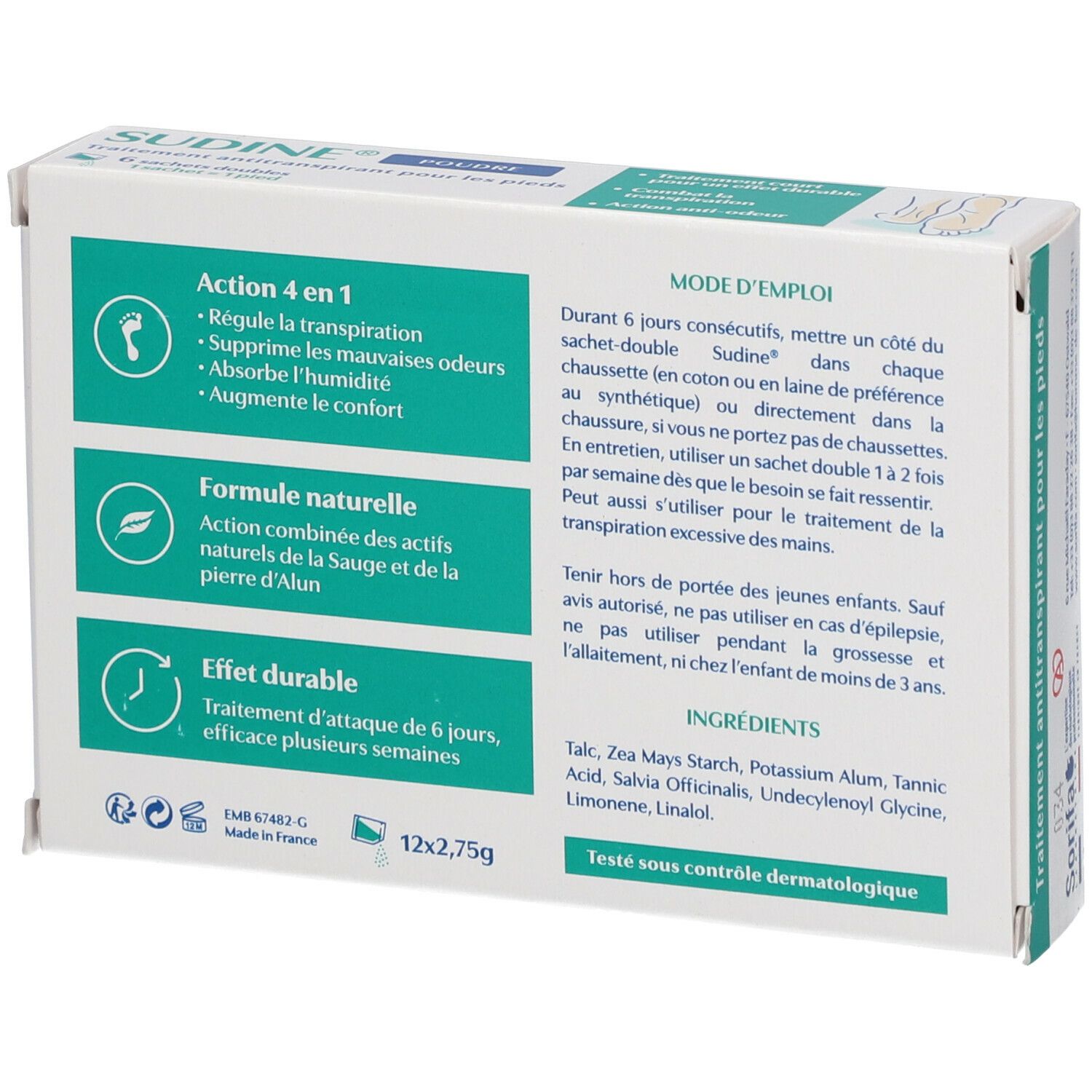 Achterkant van de SUDINE® Poudre-verpakking. Tekst: Gebruiksaanwijzing, ingrediënten, 12x2,75g. Groen en wit. Gemaakt in Frankrijk.