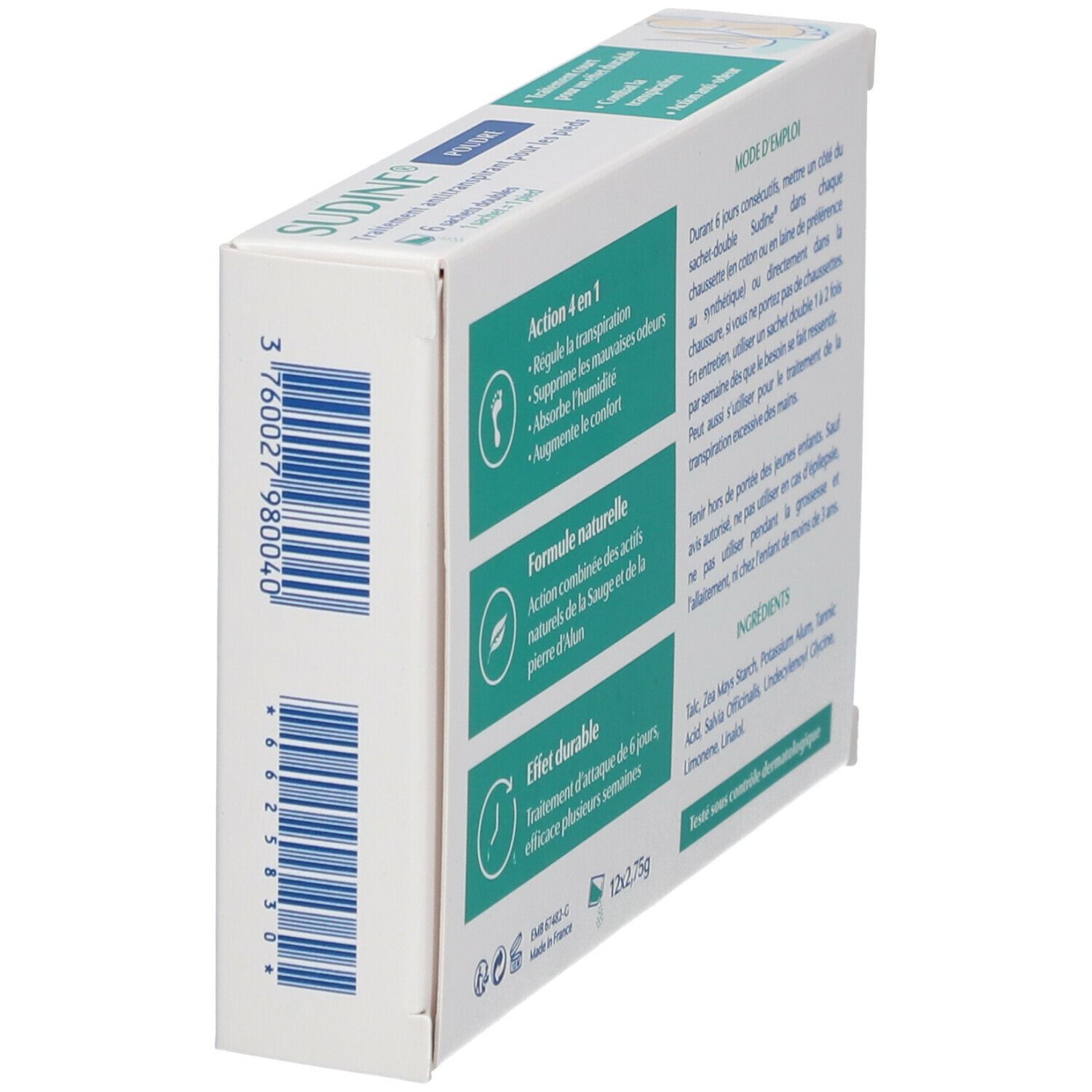 SUDINE® Poudre-verpakking, schuin. Achterkant zichtbaar. Tekst: Gebruiksaanwijzing, ingrediënten, 12x2,75g. Groen en wit.