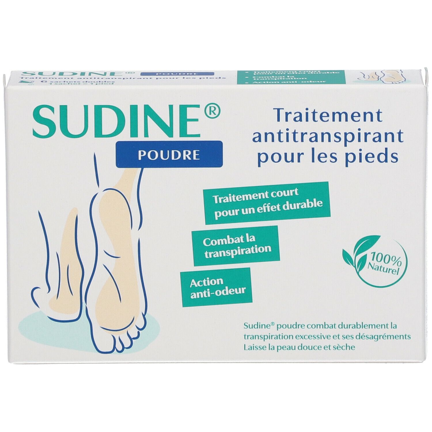 Verpakking van SUDINE® Poudre. Wit, blauwe tekst. Illustratie van een voet. Tekst: Antitranspirant voor de voeten. 100% natuurlijk.