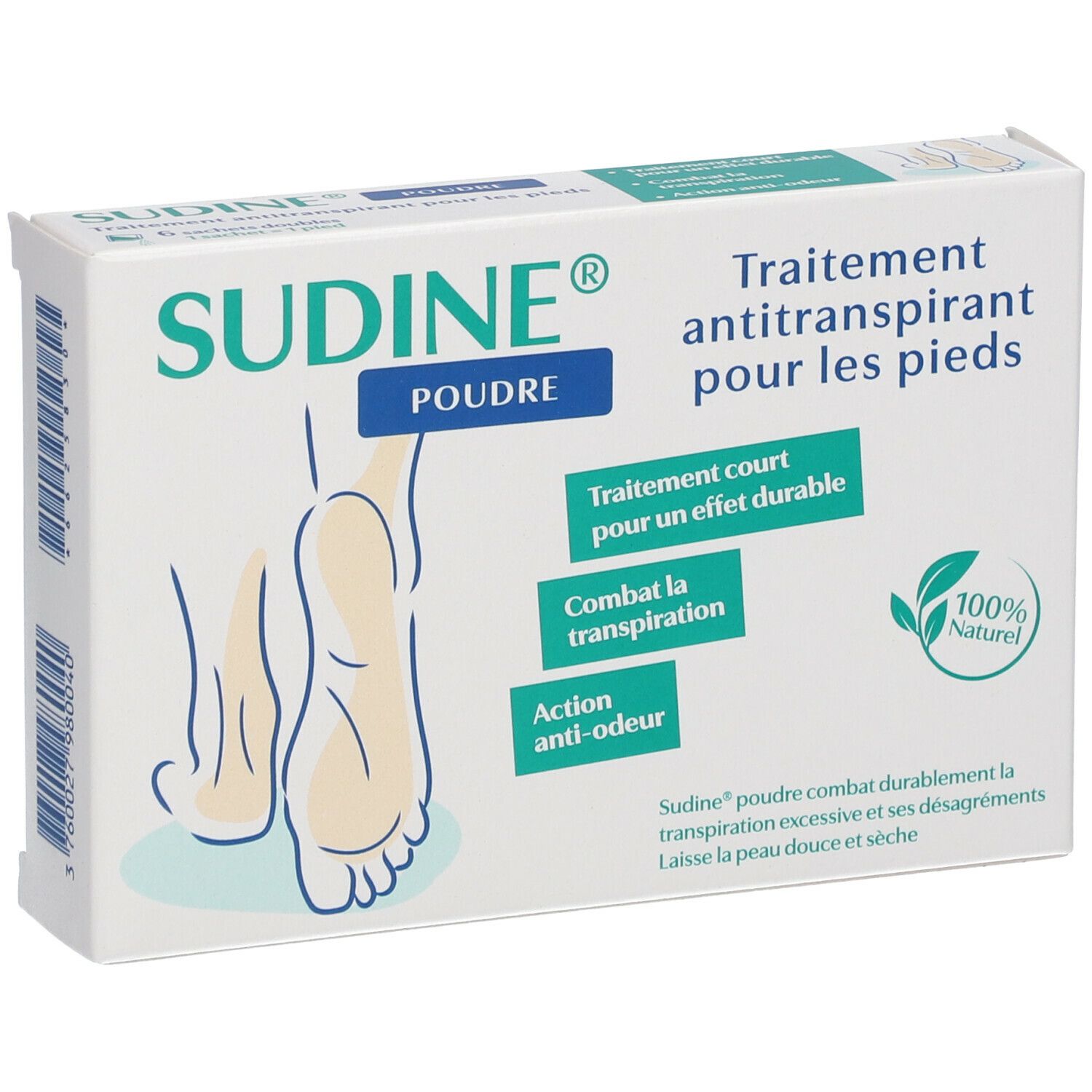 Verpakking van SUDINE® Poudre. Wit, blauwe tekst. Illustratie van een voet. Tekst: Antitranspirant voor de voeten.