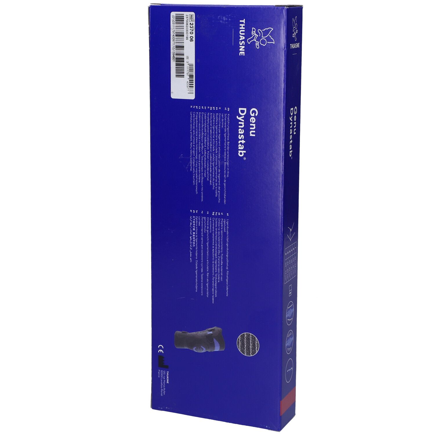 Produktverpackung, Rückseite. Text und Barcode. Produktname Genu Dynastab. Marke Thuasne.
