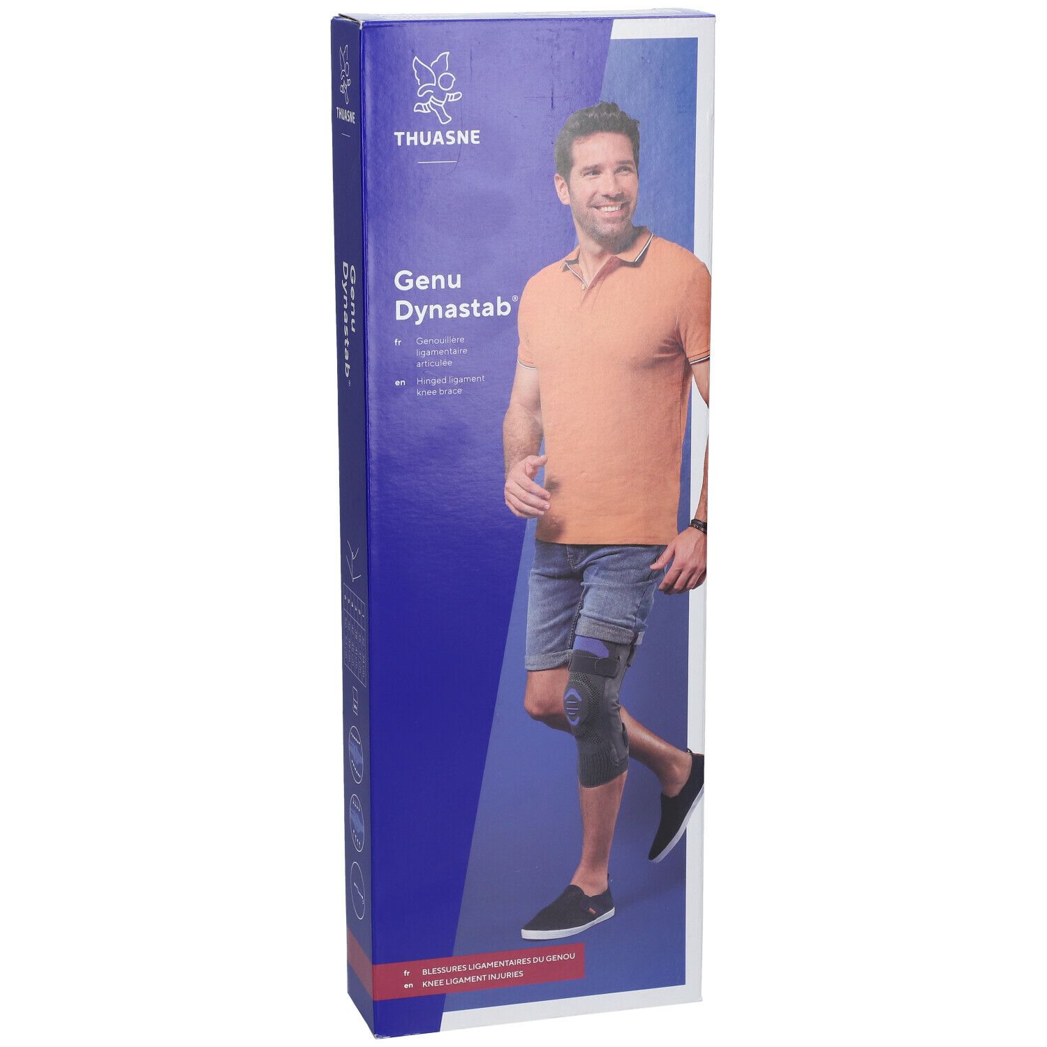 Produktverpackung mit Mann, der eine Kniebandage trägt. Marke Thuasne, Produktname Genu Dynastab.