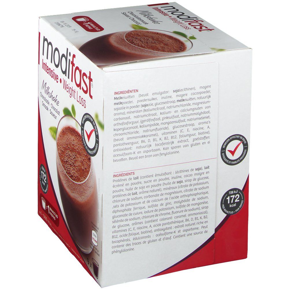 Boîte Modifast Intensive Milkshake Chocolat. Ingrédients et informations nutritionnelles. Sceau rouge avec coche.