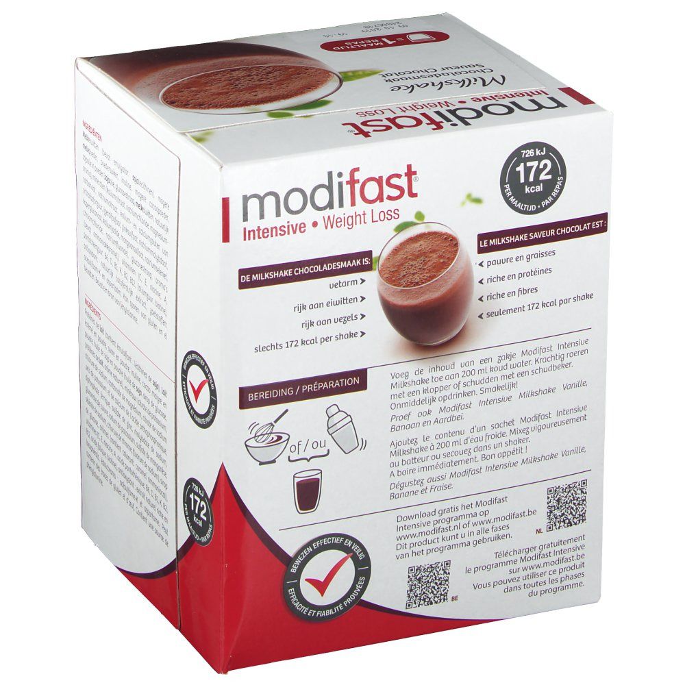Boîte Modifast Intensive Milkshake Chocolat. Instructions de préparation. Sceau rouge avec coche.