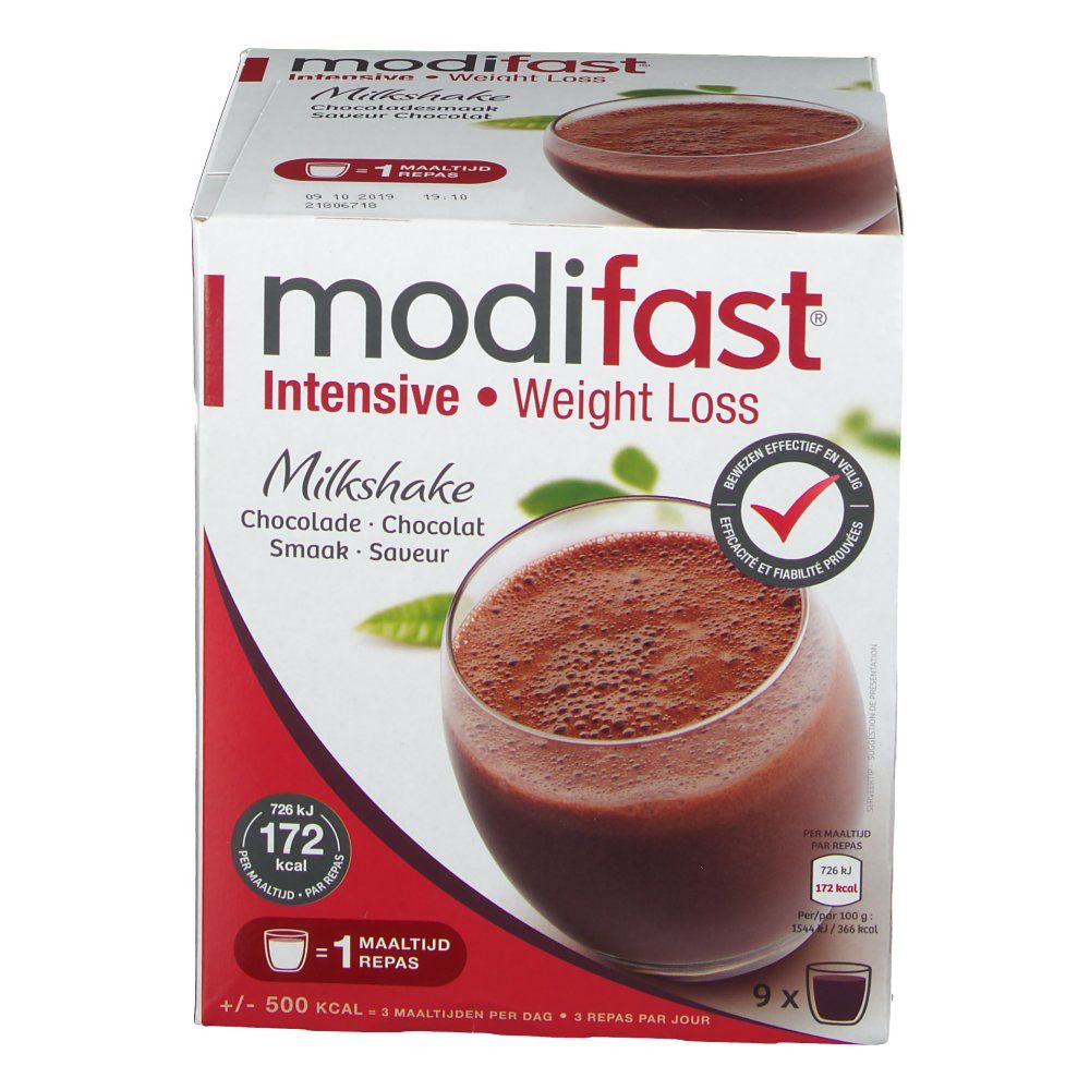 Boîte Modifast Intensive Milkshake Chocolat. Image du produit dans un verre. Sceau rouge avec coche.