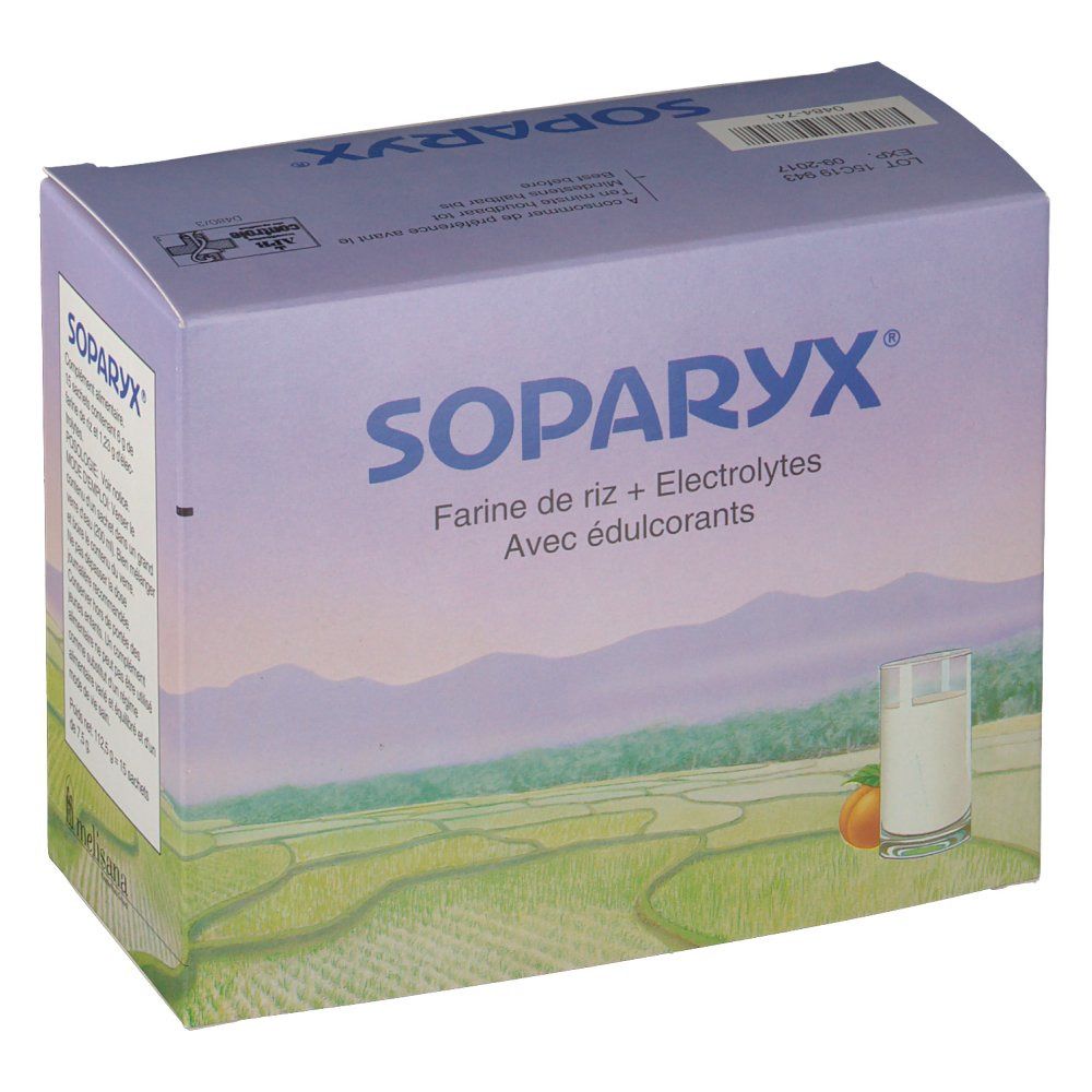 Verpackung von Soparyx. Aufschrift: Farine de riz + Electrolytes Avec édulcorant. Abbildung eines Glases mit Flüssigkeit und einer Orange.