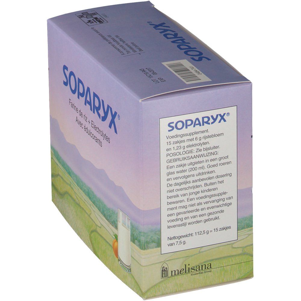 Schrägansicht der Soparyx-Verpackung. Text: Soparyx, Farine de riz + Electrolytes Avec édulcorants. Auf der Seite Text in Niederländisch.