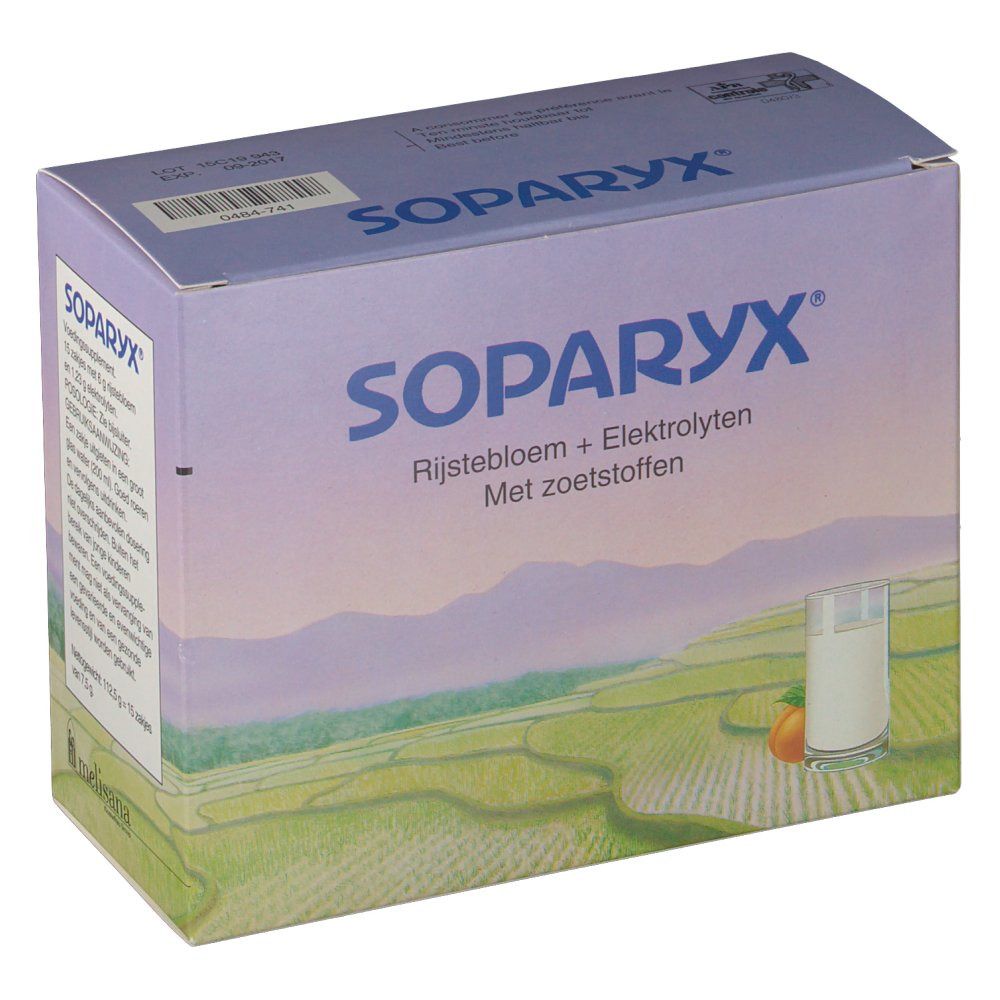 Soparyx-Verpackung. Aufschrift: Rijstebloem + Elektrolyten Met zoetstoffen. Abbildung eines Glases mit Flüssigkeit und einer Orange.