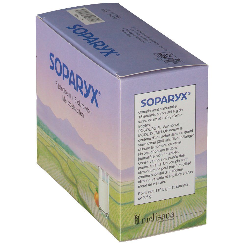 Schrägansicht der Soparyx-Verpackung. Text: Rijstebloem + Elektrolyten Met zoetstoffen. Auf der Seite Text in Französisch.