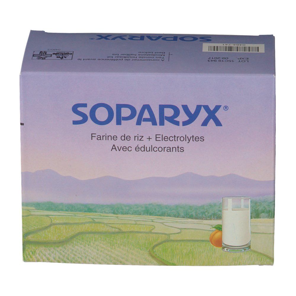Soparyx-Verpackung. Aufschrift: Farine de riz + Electrolytes Avec édulcorants. Abbildung eines Glases mit Flüssigkeit und einer Orange.