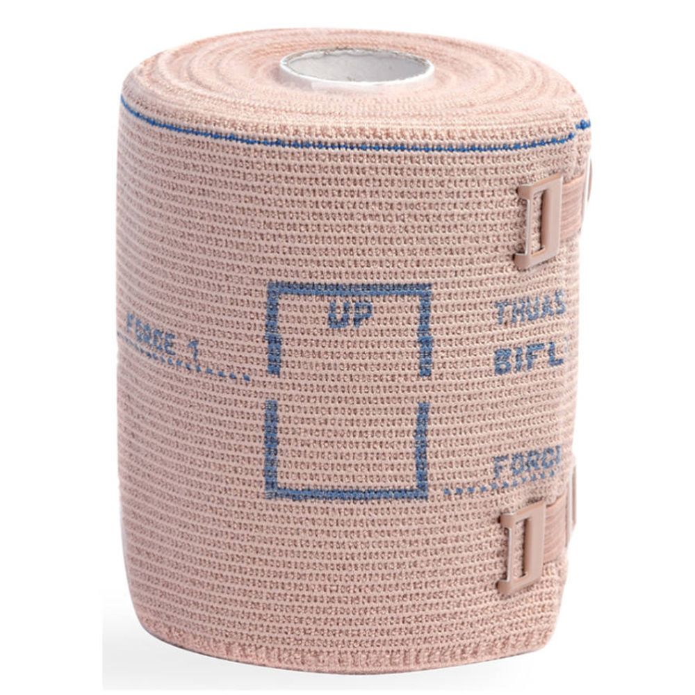 Bande élastique beige. Inscriptions : FORCE 1, UP, THUASNE BIFLEX. Avec fermetures velcro.