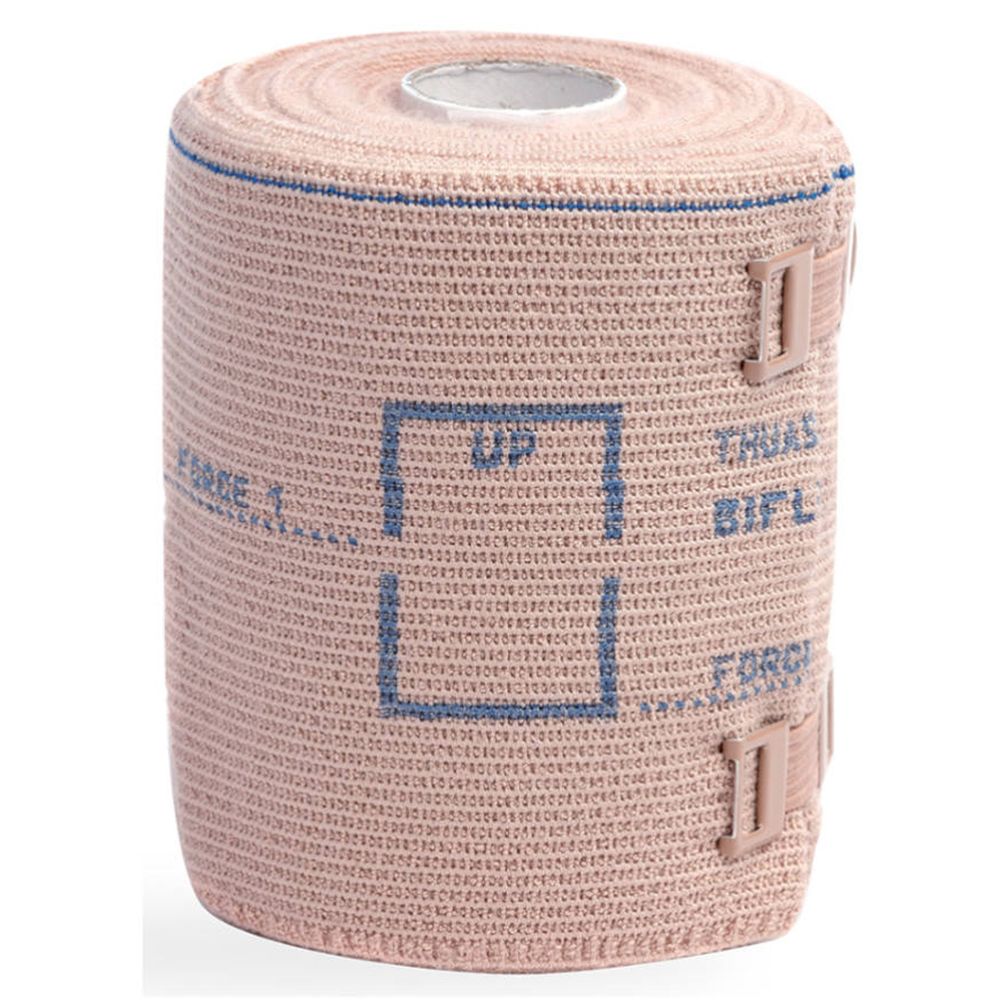 Bande de compression élastique beige avec bandes bleues et fermetures. Inscriptions: FORCE 1, UP, THUASNE, BIFLEX.