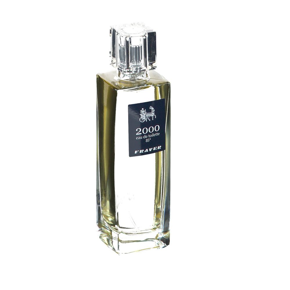 Rechteckige Flasche mit transparentem Verschluss. Auf dem Etikett steht "2000 eau de toilette 85%".