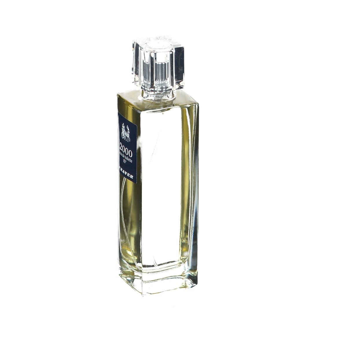 Rechteckige Flasche mit transparentem Verschluss. Auf dem Etikett steht "2000 eau de toilette 85%".