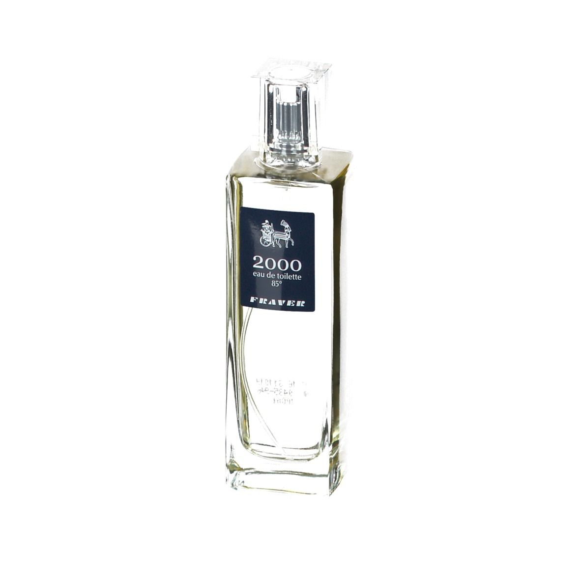 Rechteckige Flasche mit transparentem Verschluss. Auf dem Etikett steht "2000 eau de toilette 85%".