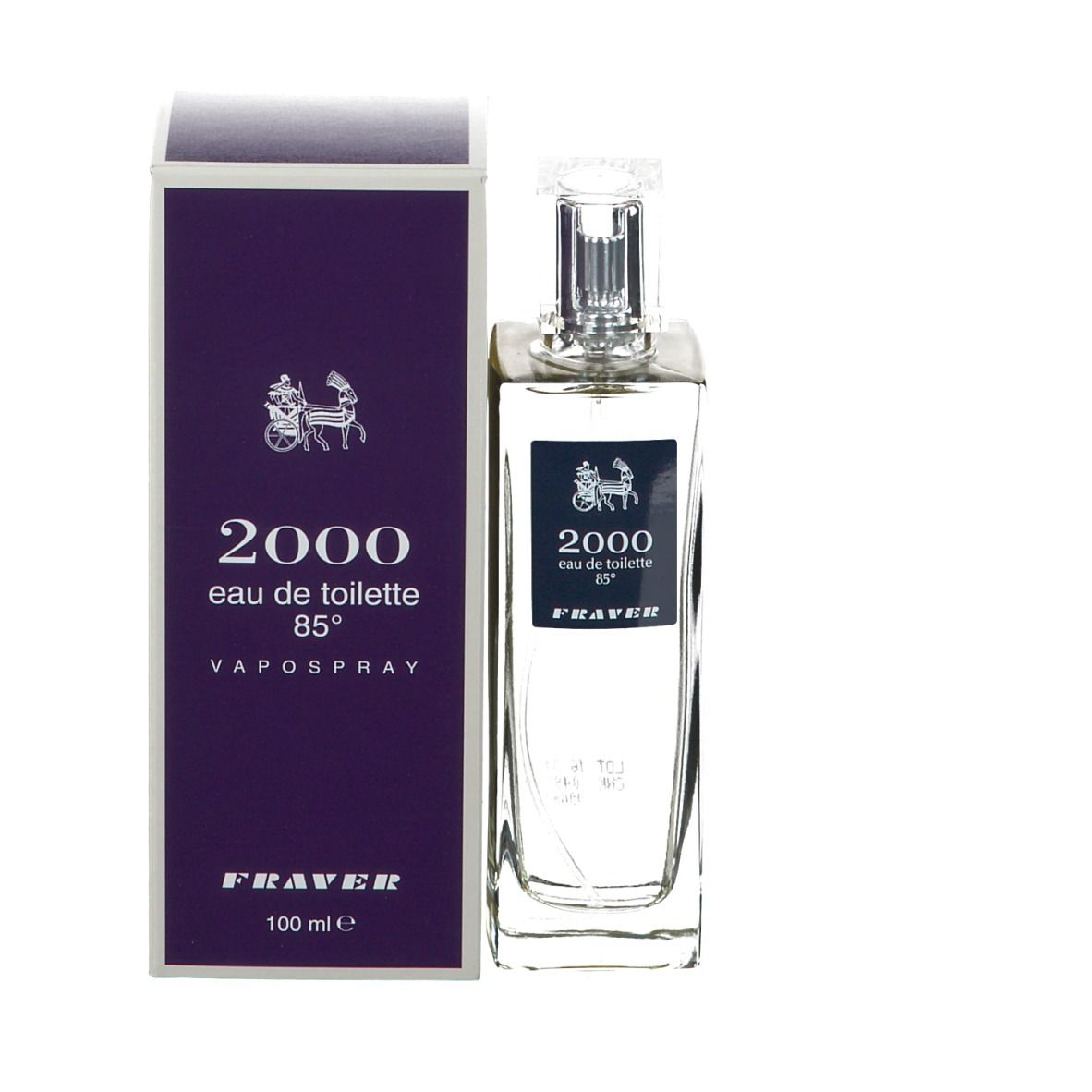 Flakon und Verpackung. Auf der Verpackung steht "2000 eau de toilette 85% VAPOSPRAY".