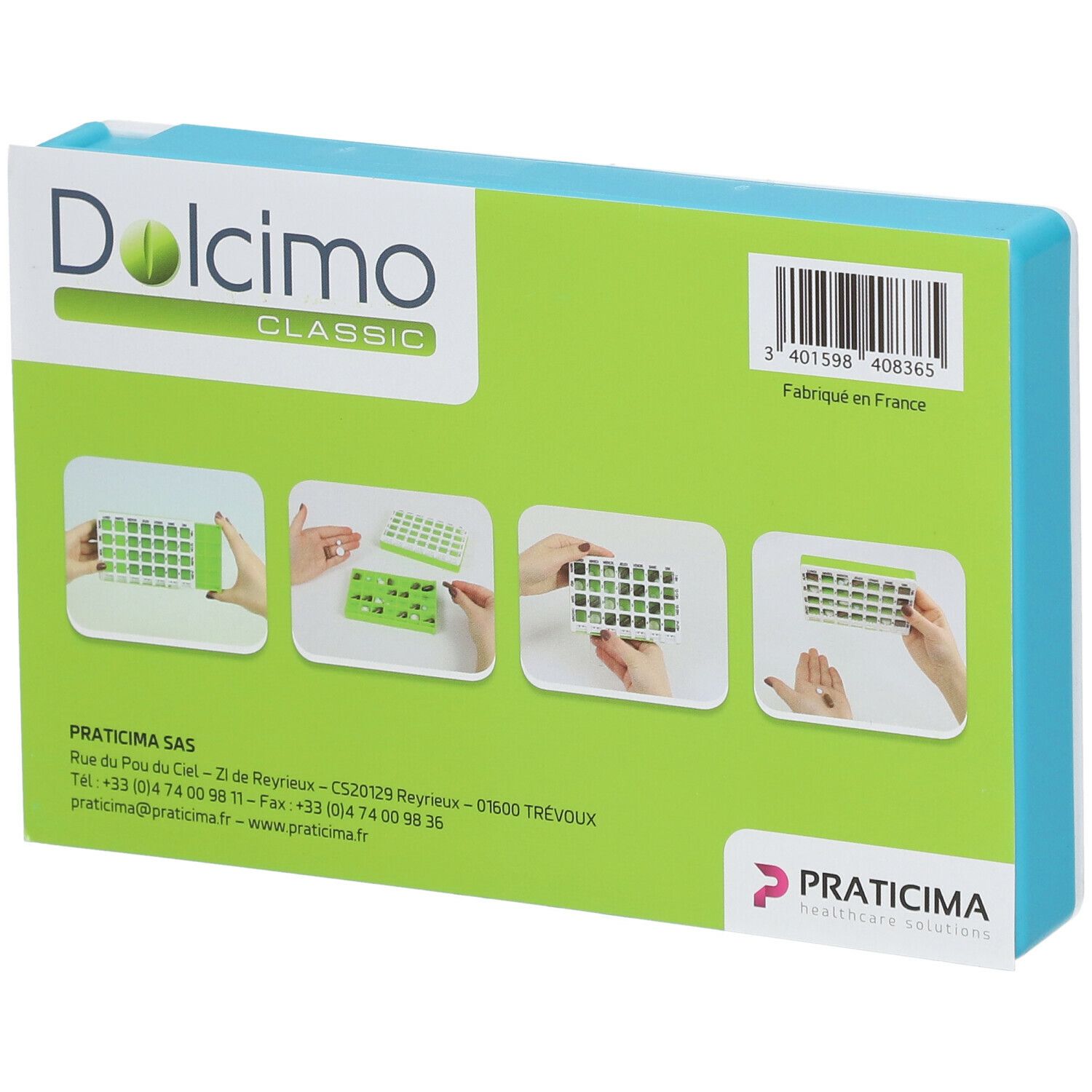 Emballage du pilulier. Vert avec le nom du produit 'Dolcimo Classic'. Illustrations d'utilisation et code-barres.