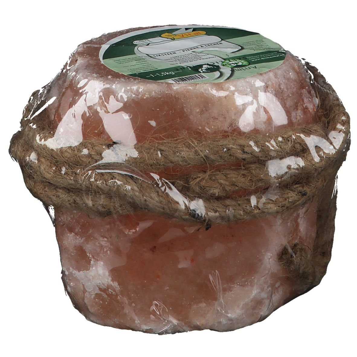 Zylindrischer Himalaya-Salzleckstein für Pferde, mit Seil umwickelt und in Folie verpackt. Etikett.
