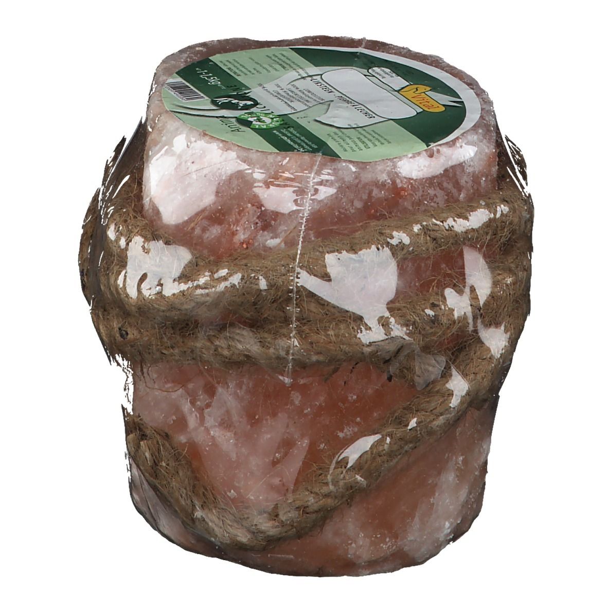 Zylindrischer Himalaya-Salzleckstein für Pferde, mit Seil umwickelt und in Folie verpackt. Etikett.