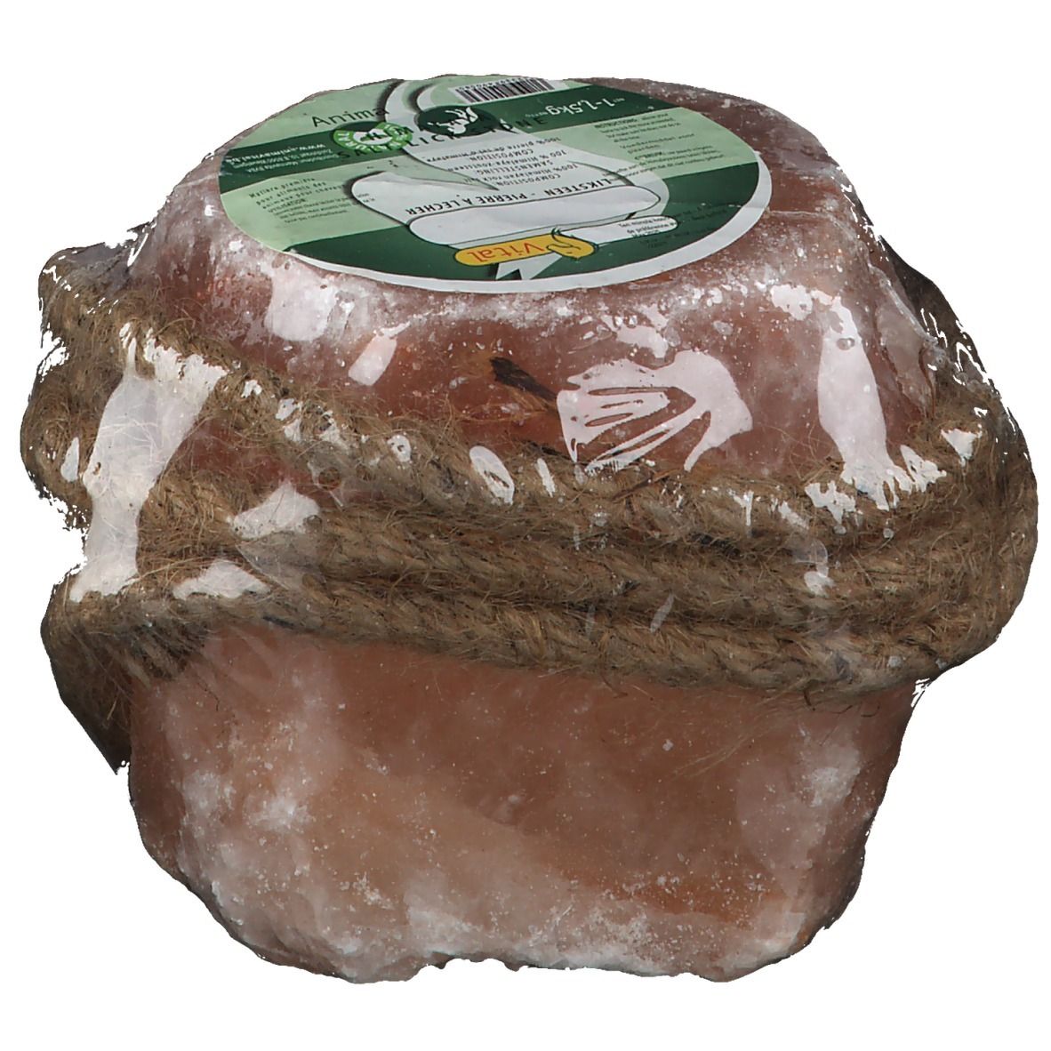 Zylindrischer Himalaya-Salzleckstein für Pferde, mit Seil umwickelt und in Folie verpackt. Etikett.