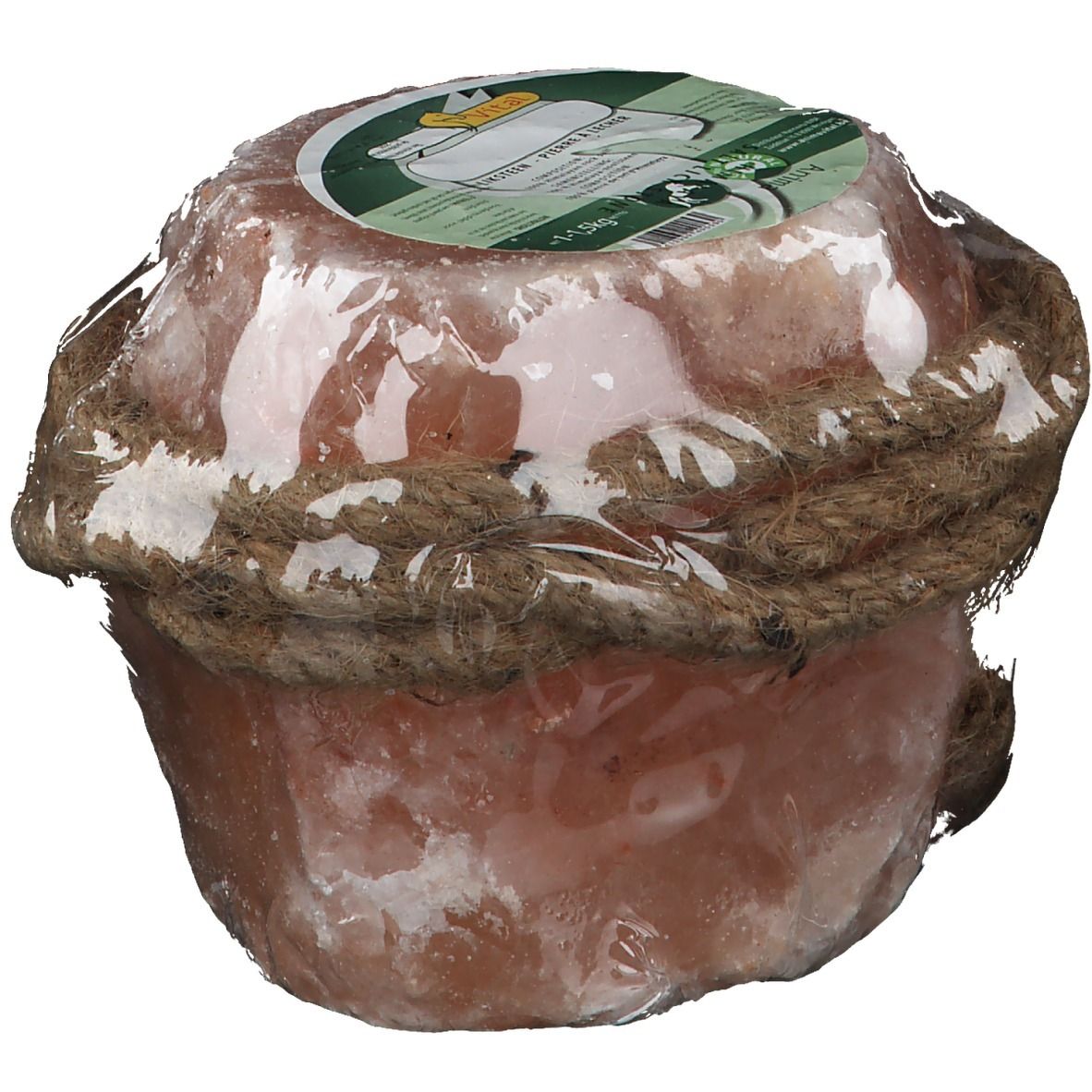 Zylindrischer Himalaya-Salzleckstein für Pferde, mit Seil umwickelt und in Folie verpackt. Etikett.