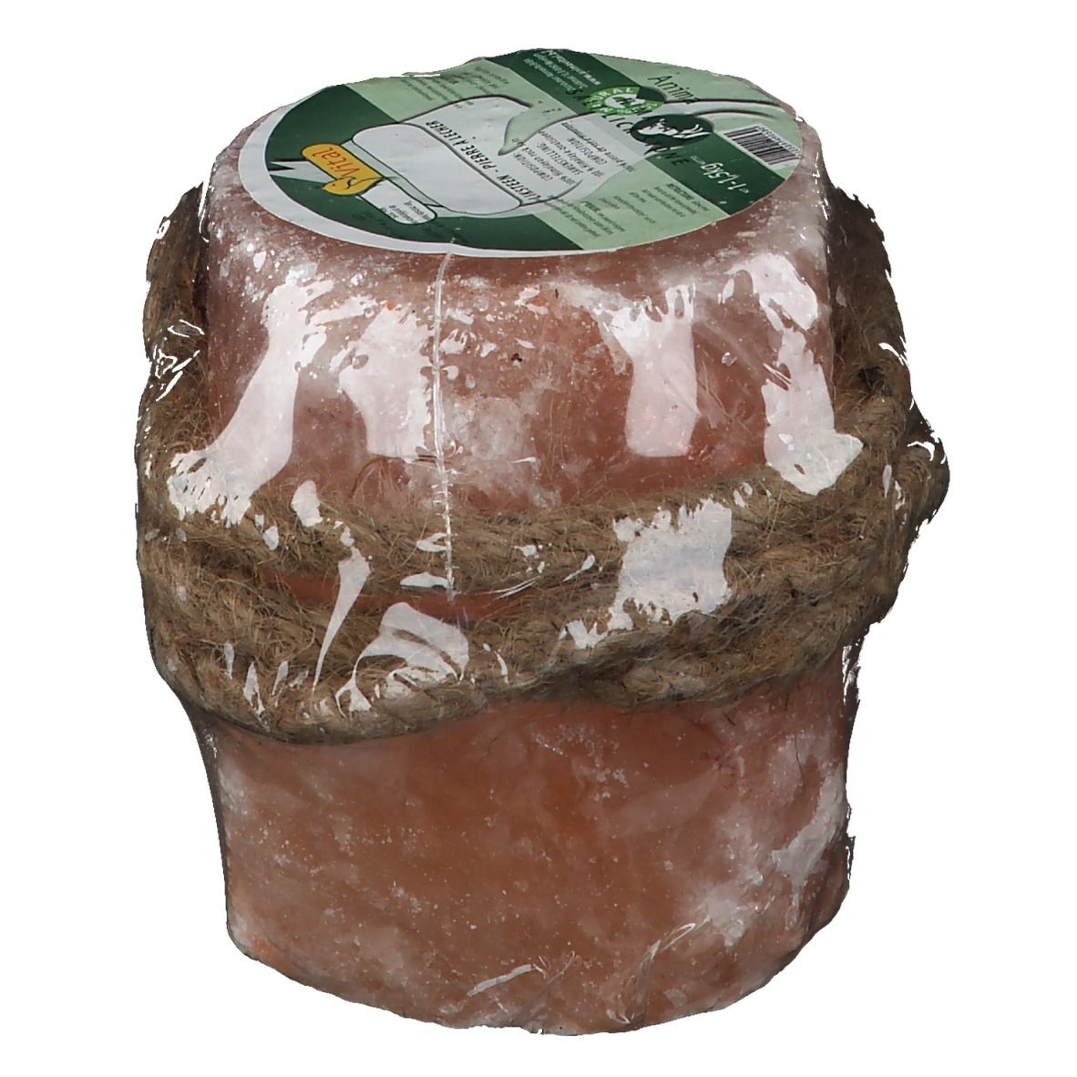 Zylindrischer Himalaya-Salzleckstein für Pferde, mit Seil umwickelt und in Folie verpackt. Etikett.