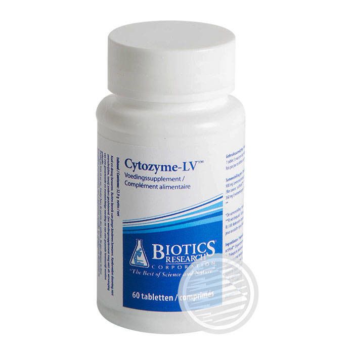 Flacon blanc de comprimés. Inscription: Cytozyme-LV, Biotics Research Corporation. 60 comprimés. Étiquette bleue et blanche.