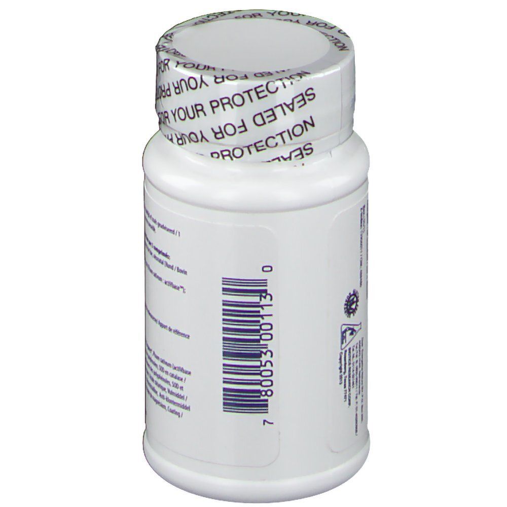 Dos d'un flacon de comprimés blanc. Code-barres et informations. Bouchon avec inscription: SEALED FOR YOUR PROTECTION.