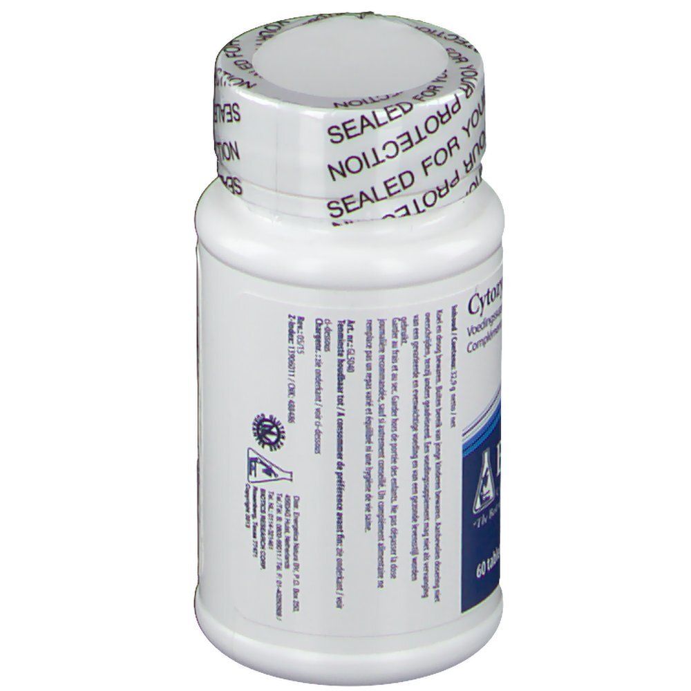 Flacon de comprimés blanc. Inscription: Cytozyme-LV, Biotics Research. 60 comprimés. Étiquette bleue et blanche. Bouchon avec inscription.
