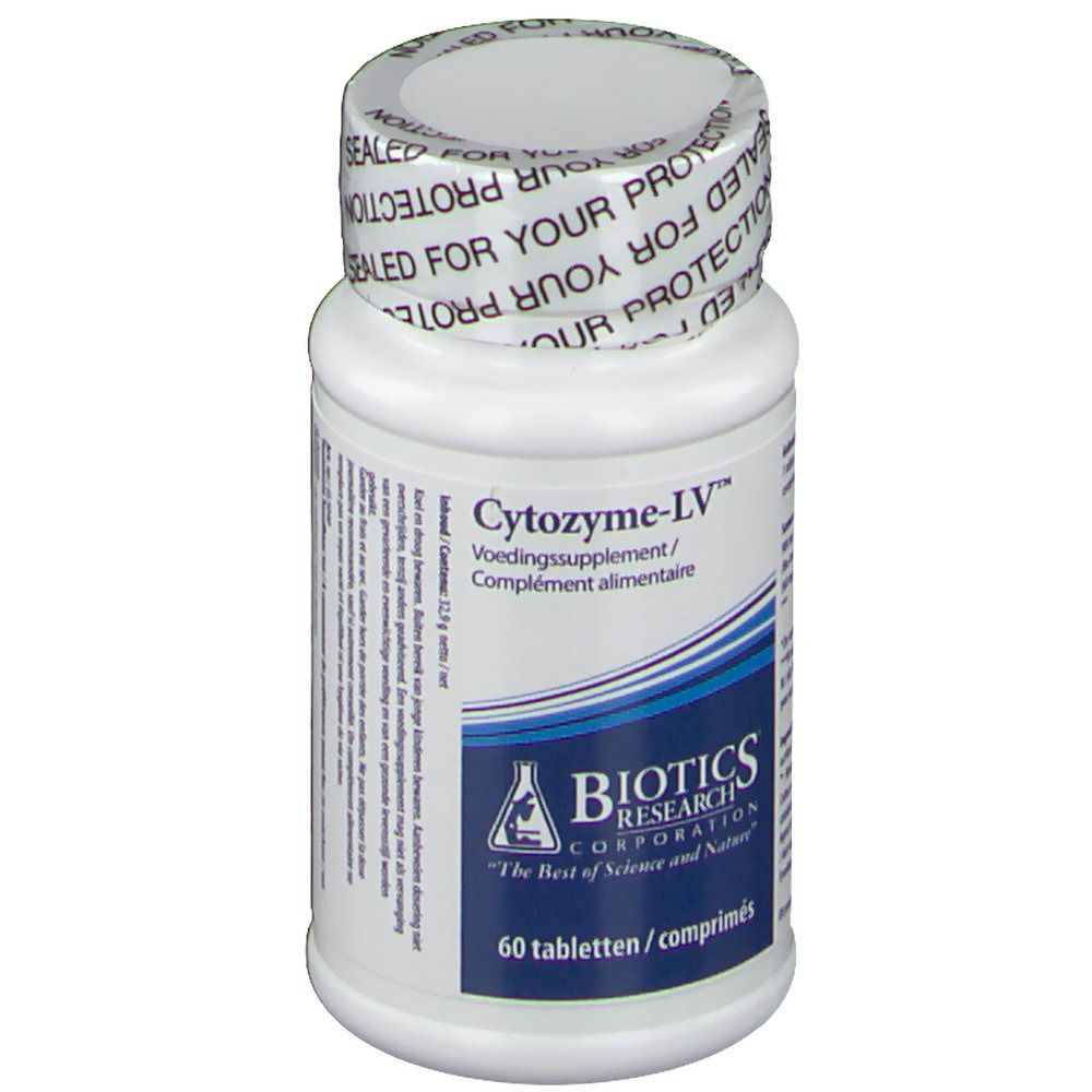 Flacon blanc de comprimés. Inscription: Cytozyme-LV, Biotics Research Corporation. 60 comprimés. Étiquette bleue et blanche. Bouchon avec inscription.