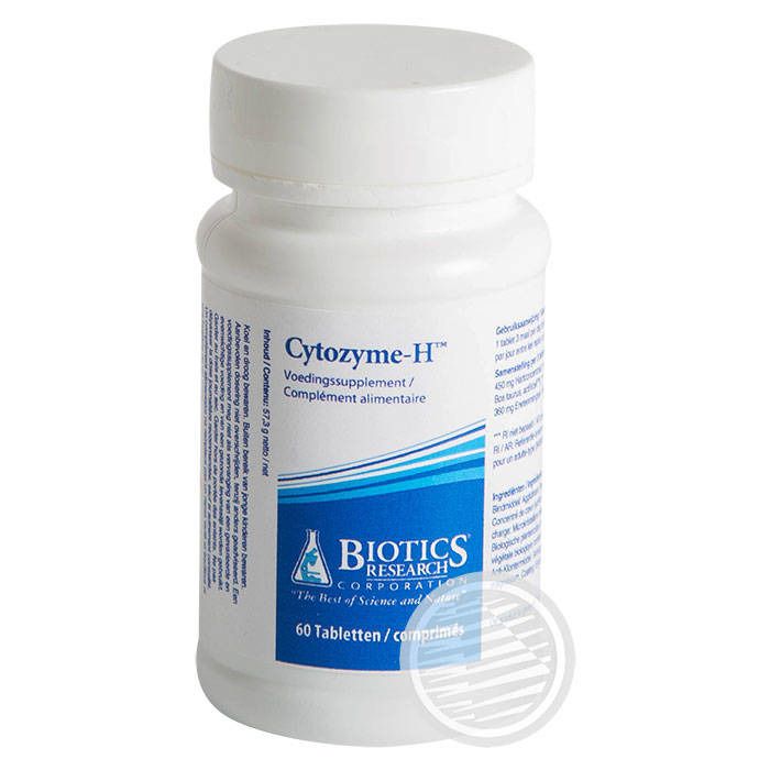 Flacon de comprimés blanc avec étiquette bleue et blanche. Inscription : Cytozyme-H, Biotics Research, 60 comprimés. Complément alimentaire.
