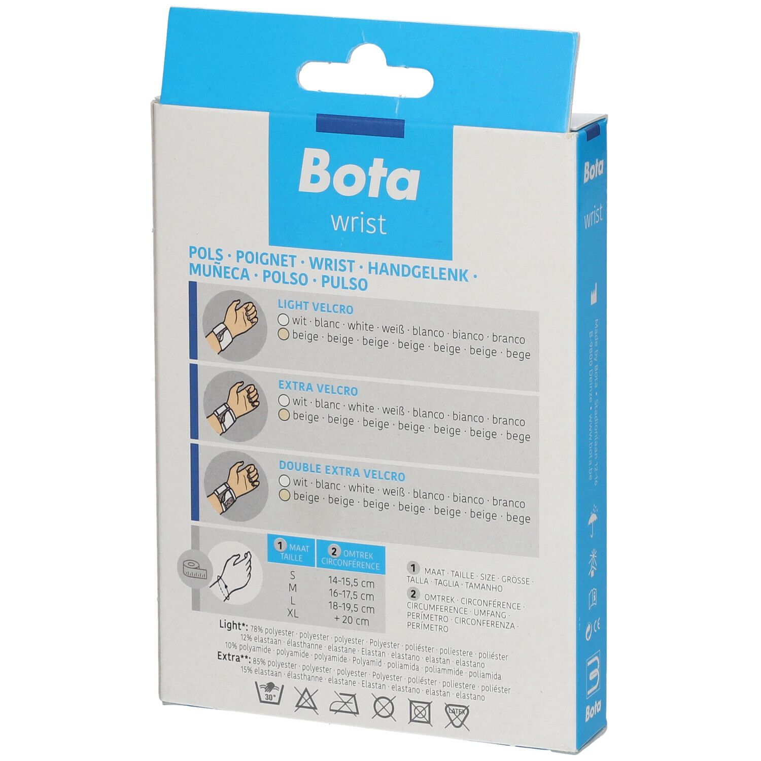 Achterkant van de Bota polsbrace verpakking. Maten: S, M, L. Kleuren: wit, beige. Opschriften: Bota, wrist, pols.