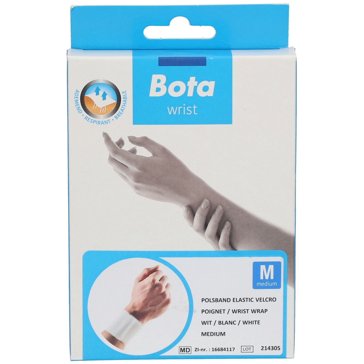 Vooraanzicht van de Bota polsbrace verpakking. Witte band, maat M. Opschriften: Bota, wrist, pols, ademend.