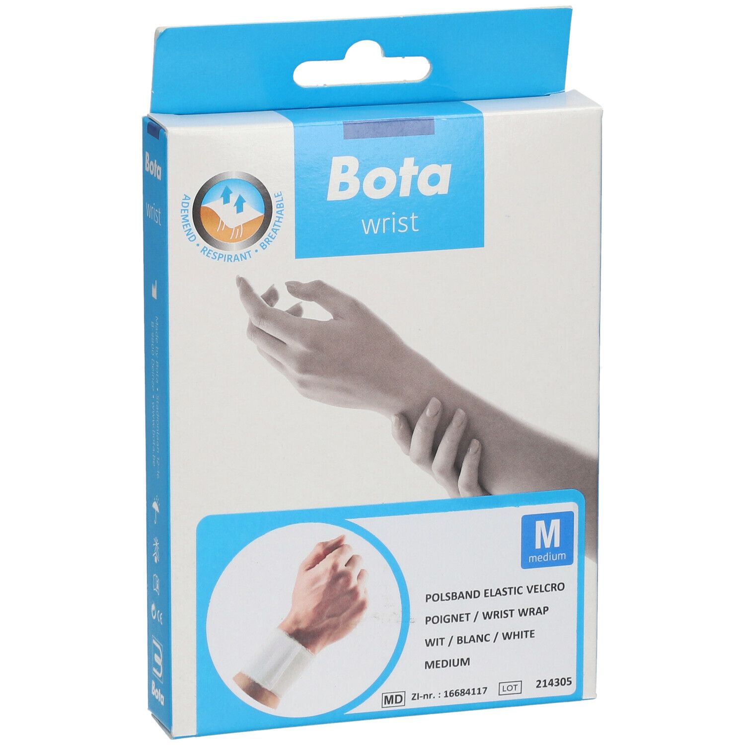 Vooraanzicht van de Bota polsbrace verpakking. Witte band, maat M. Opschriften: Bota, wrist, pols, ademend.