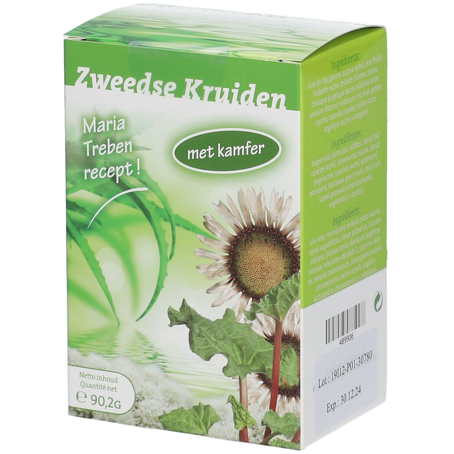 Boîte verte avec texte "Zweedse Kruiden" et "met kamfer". Illustrations de plantes et de fleurs. Poids net : 90,2g.
