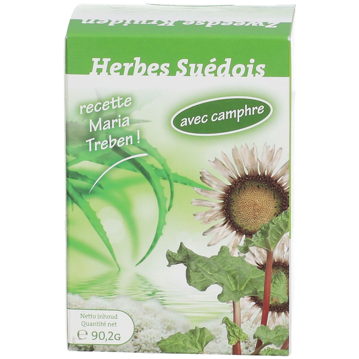 Boîte verte avec texte "Herbes Suédois" et "avec camphre". Illustrations de plantes et de fleurs. Poids net : 90,2g.