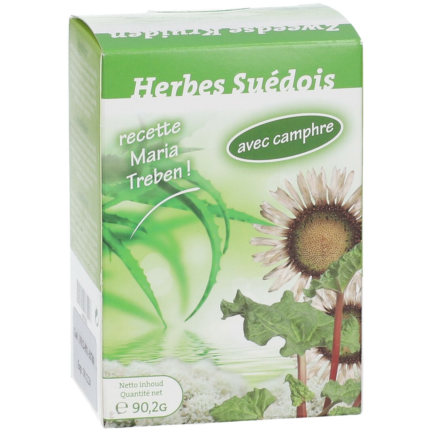 Boîte verte avec texte "Herbes Suédois" et "avec camphre". Illustrations de plantes et de fleurs. Poids net : 90,2g.