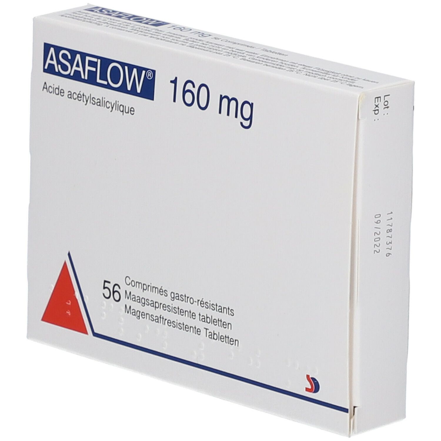 Witte doos ASAFLOW 160 mg, 56 maagsapresistente tabletten. Rode driehoek.